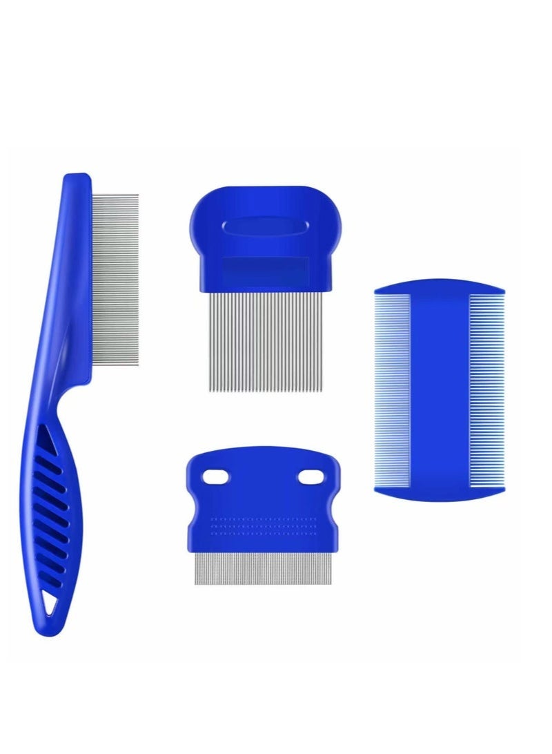 مشط البراغيث، 4 قطع، أمشاط قمل من الفولاذ المقاوم للصدأ بأسنان مستديرة، مزدوج الجوانب (أزرق) - Image 1